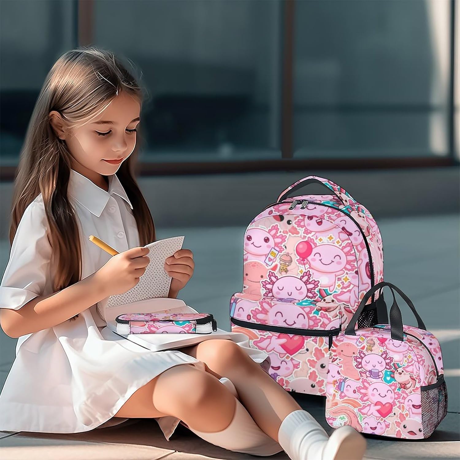 Axolotl Backpack with Lunch Box And Pencil Case, Set of 3 Cute Bookbag for Girls Boys, Lightweight Large Capacity School Bag with Adjustable Straps