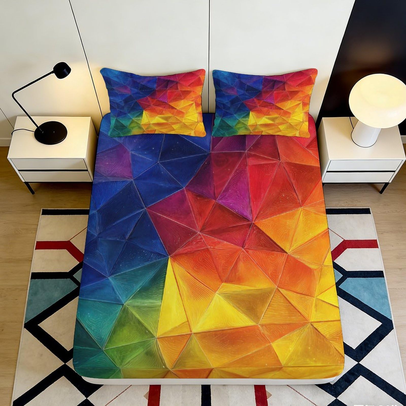 3D Printed Rainbow Geometric Fitted Sheet Microfiber Vibrant Colorful Polygon Bed Sheet for Bedroom Guest Room Dorm Mattress Protection Decor 140x200x25cm