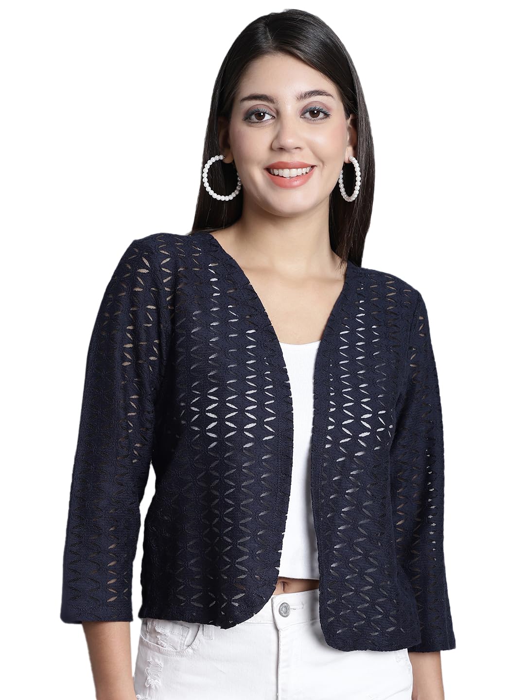 dressitude Women Self Design Lace Regular Front Open Shrug - (Navy Blue)-picture-11