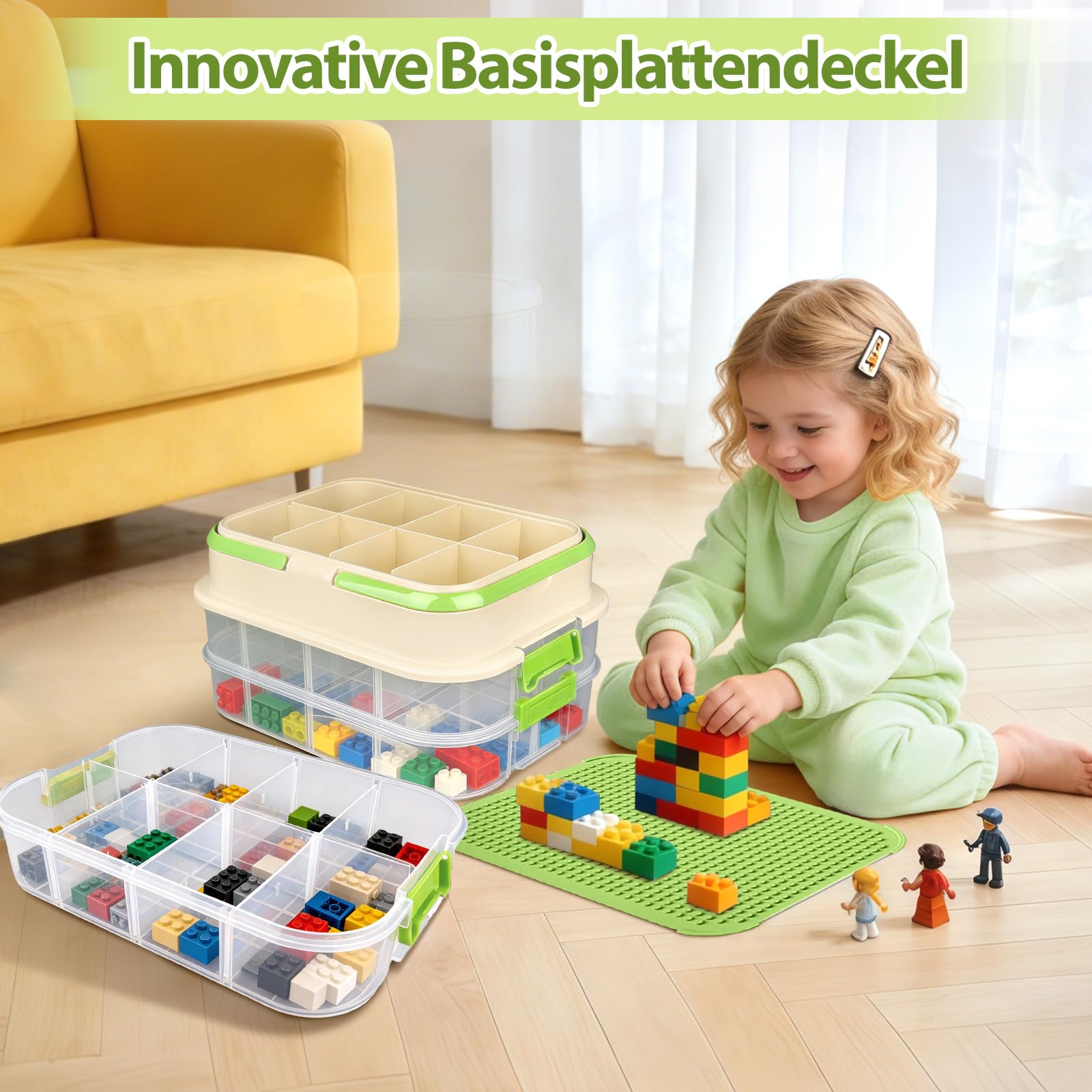 Scatole impilabili per mattoni Lego con coperchio – Scatola trasparente con 4 ripiani, mattoncini da costruzione con maniglie, organizzatore per mattoncini e puzzle, verde