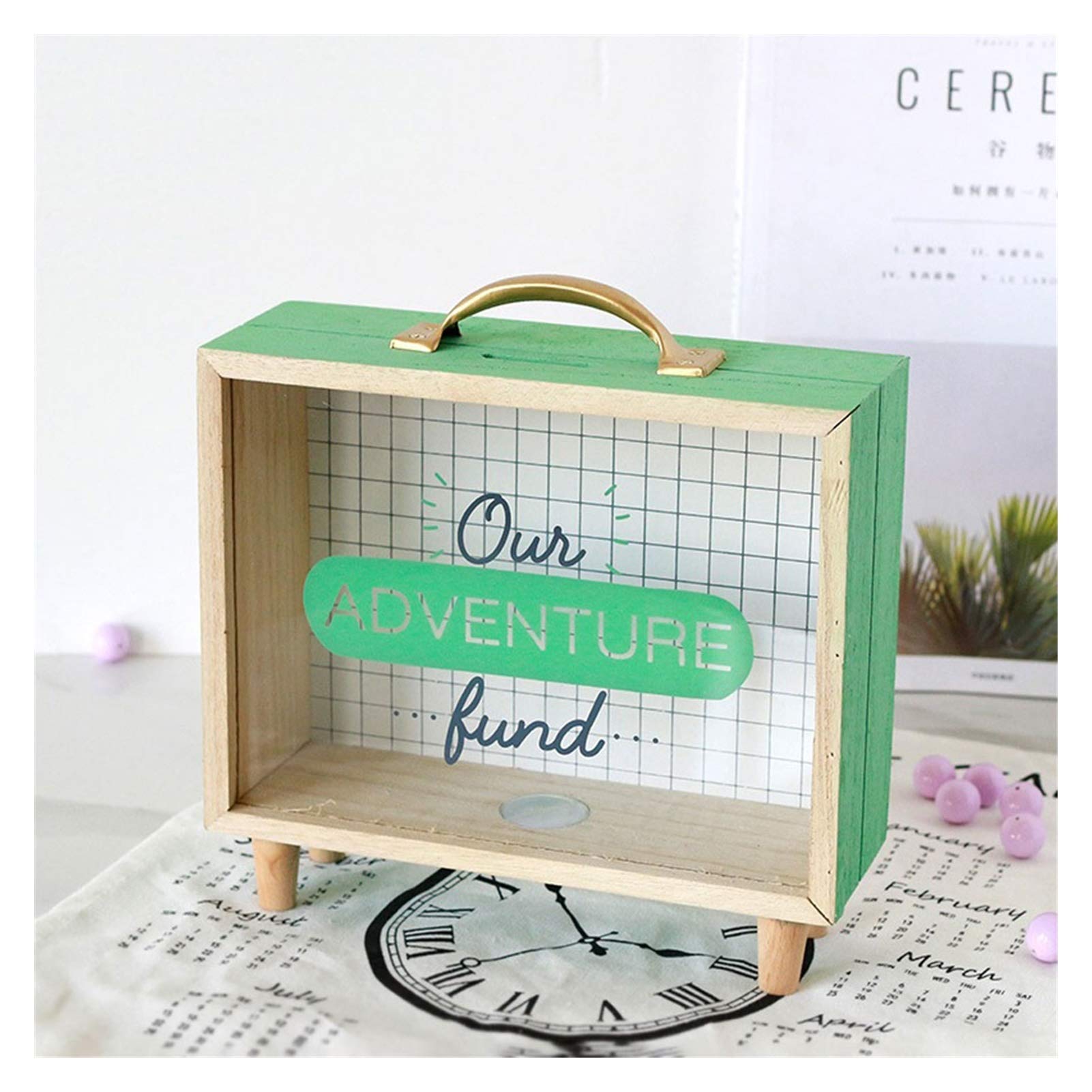 Creative Money Savings Bank Currency Natural Wood Coin Desk Decoration Kids' Banks(Green)