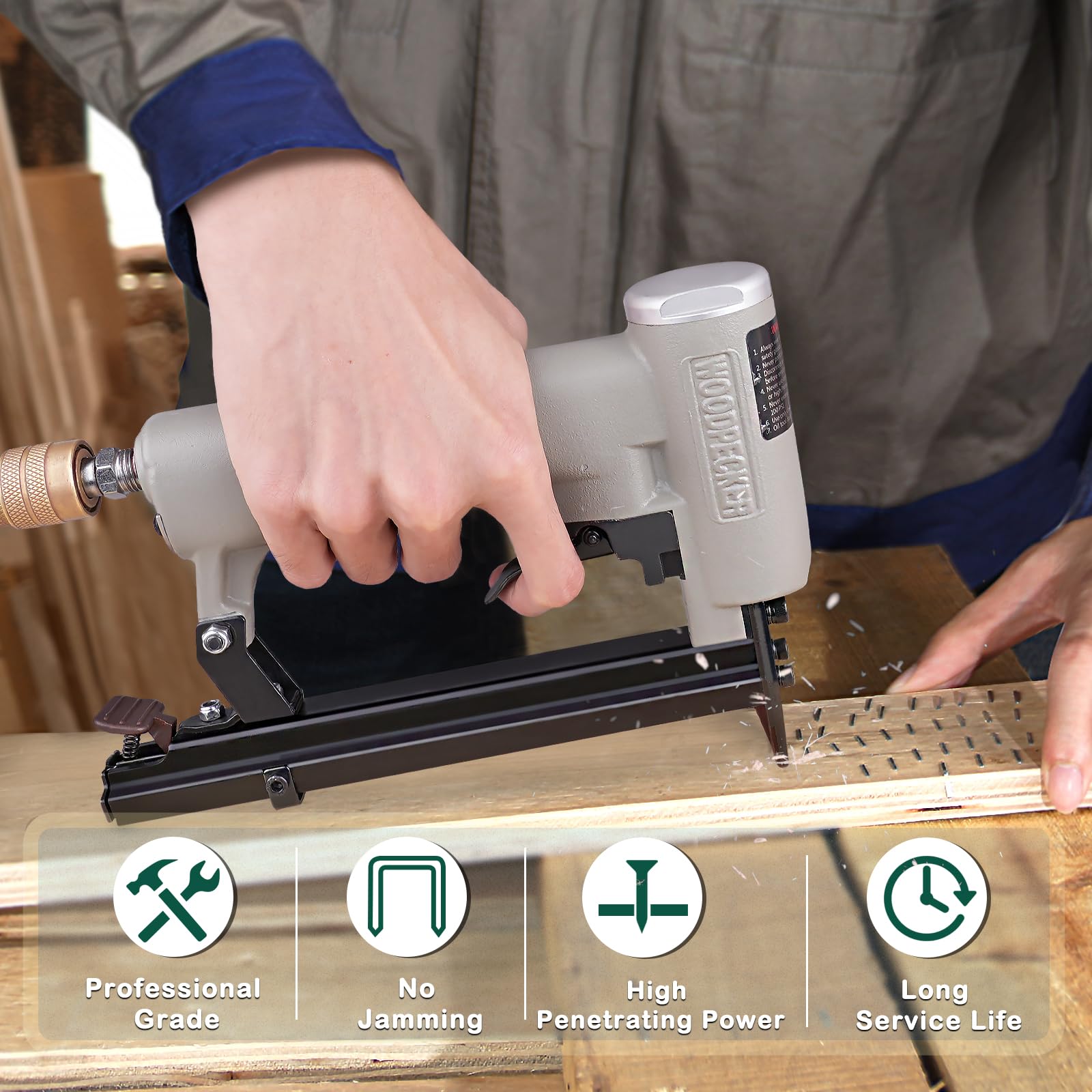 Woodpecker N8016 21 Gauge Upholstery Stapler – Narrow Crown Pneumatic Staple Gun For Furniture, 1/2" Crown, 1/4" To 5/8" Leg Length, Rear Exhaust & Silencer