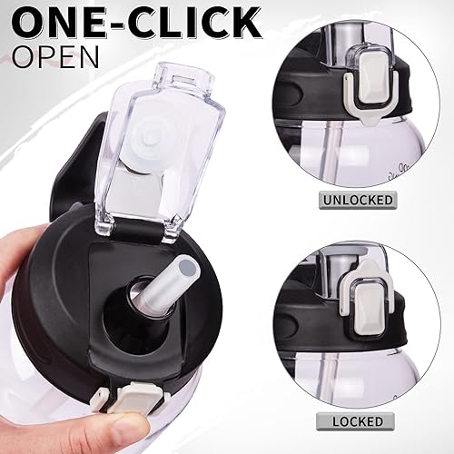 Miniatura 3 de Botella de agua de vidrio motivacional de 64 onzas con popote y marcador de tiempo, jarra de agua grande reutilizable de medio galón, botella de