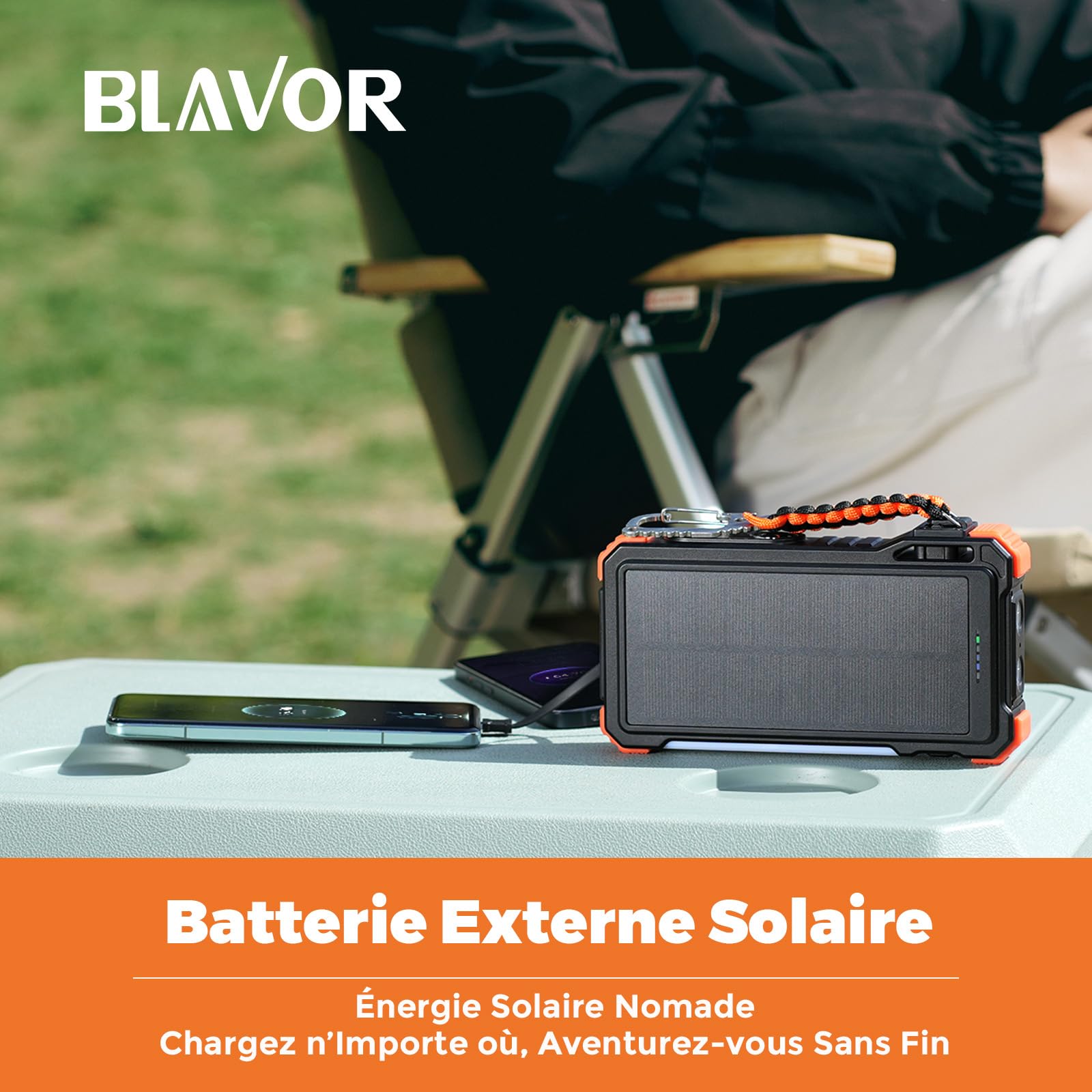 BLAVOR Chargeur Solaire avec Câbles Intégrés 20000mAh Batterie Externe Solaire 20W USB C Battery Pack avec Lampe Camping, Lampe Poche pour Téléphones Portables, Charge sans Fil pour Apple Watch