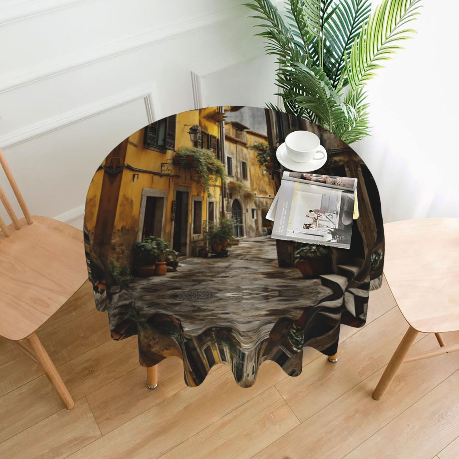 SDEGTHO Italian Old Street Print Modern Retro Round Tablecloth 60in Polyester Fabric Cover for Party Dining Table Washable