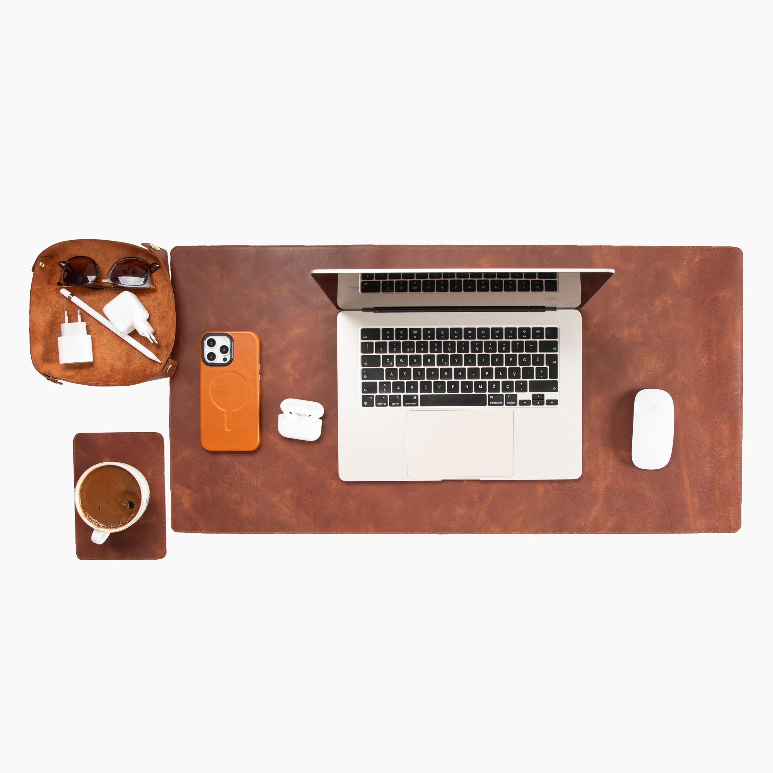 Büro-Set – Schreibtischunterlage aus echtem Leder (81,3 x 40,6 cm), Schreibtisch-Organizer und Tassen-Untersetzer – hochwertiges handgefertigtes Bürozubehör für eleganten Arbeitsplatz