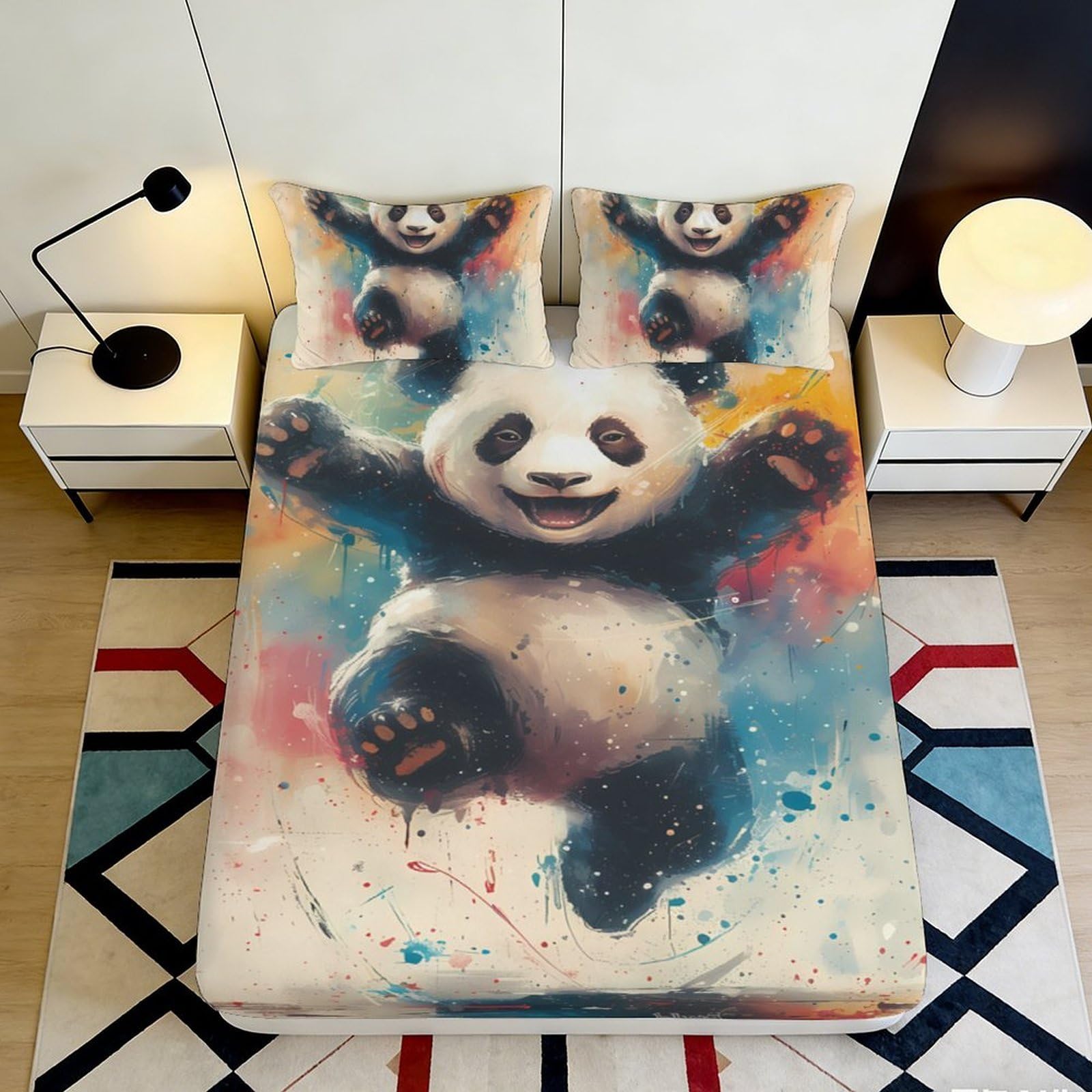 Jqzkxnhpbr Style-5 3D Printed Playful Panda Fitted Sheet Microfiber Colourful Splash Panda Mattress Cover For Bedroom Dorm Decor 90X200x25cm
