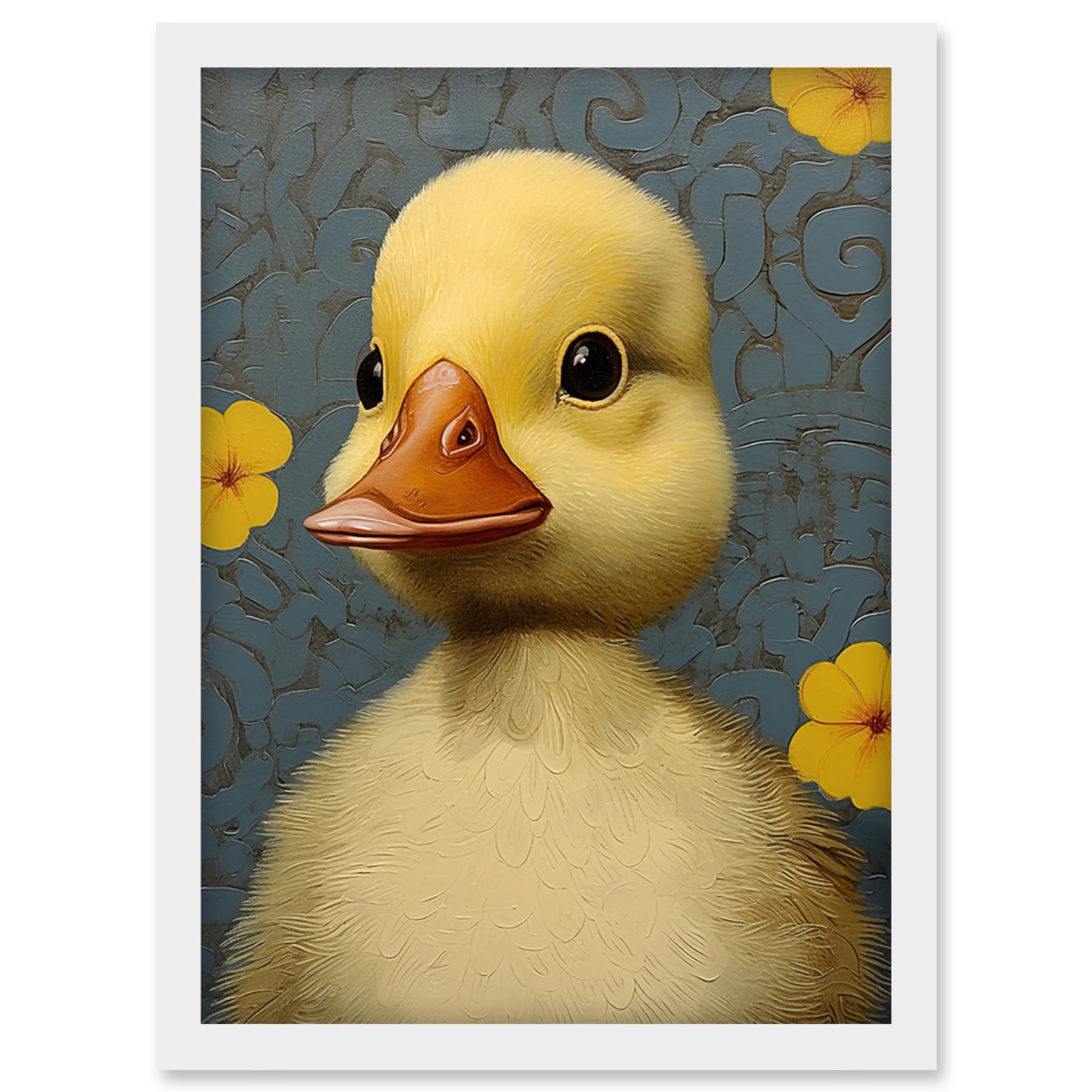Artery8 Duckling with Flowers Oil Painting Kids Bedroom Baby Nursery Duck Artwork Framed Wall Art Print A4