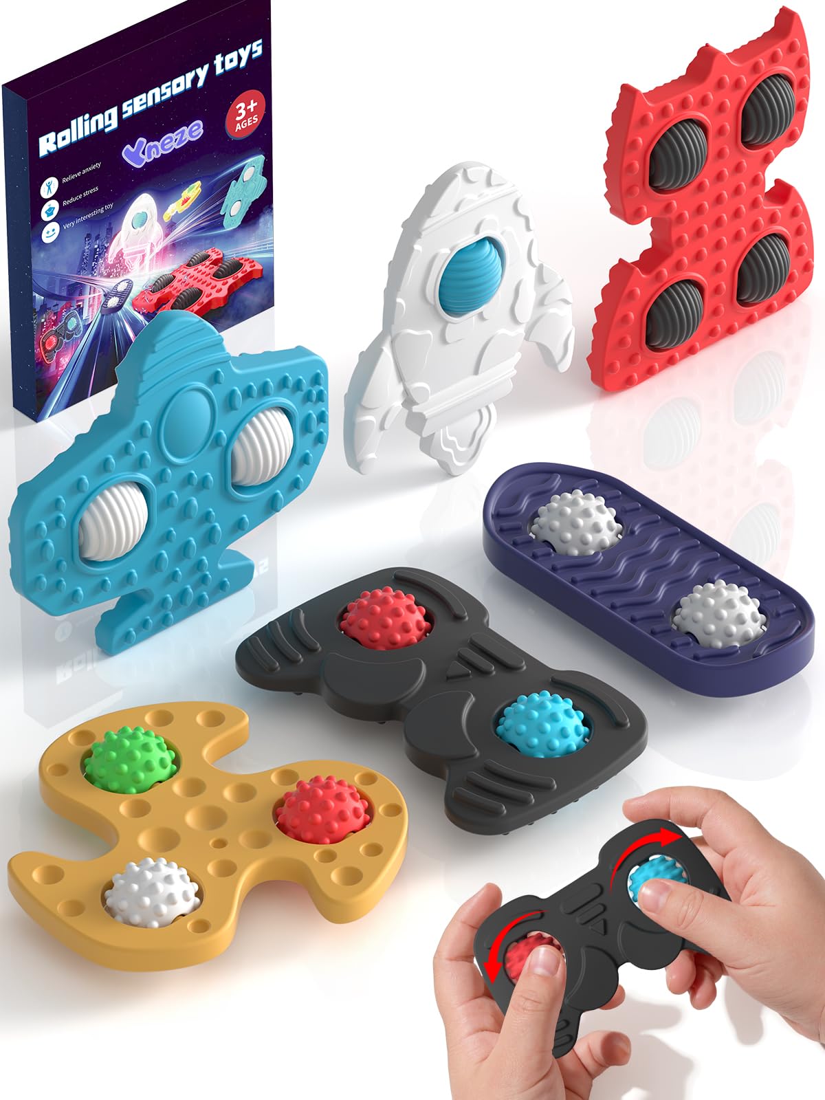 YNEZE Silikon Rollende Fidget Toys für Kinder & Jugendliche 6er Pack Jungen und Mädchen Leise Sensorik Spielzeuge für Konzentration Stressabbau Autismus ADHS PTBS