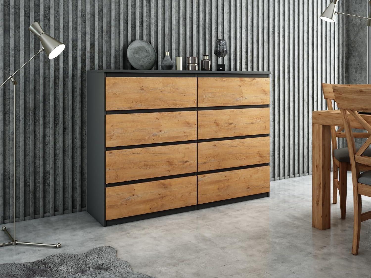 meble masztalerz Commode avec 8 Tiroirs Anthracite & Lancelot 120 cm - Meuble de Rangement Salon - Commode Salon - Meuble Entree - 120x101,5x39 cm