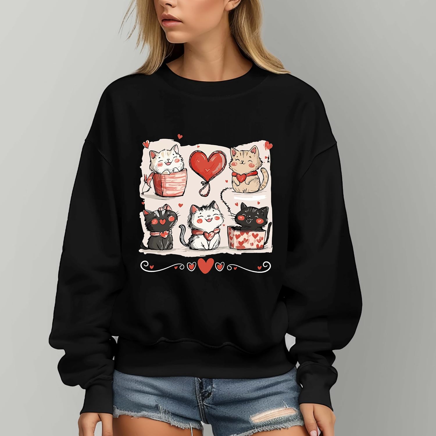 Cute Cat Love Sweatshirt, Valentine Cats Graphic Crewneck, Heart Cats Pullover for Women, Kawaii Catt Lover Sweatshirt, Cozy Romantic Gift Top Multicolor - Image 6