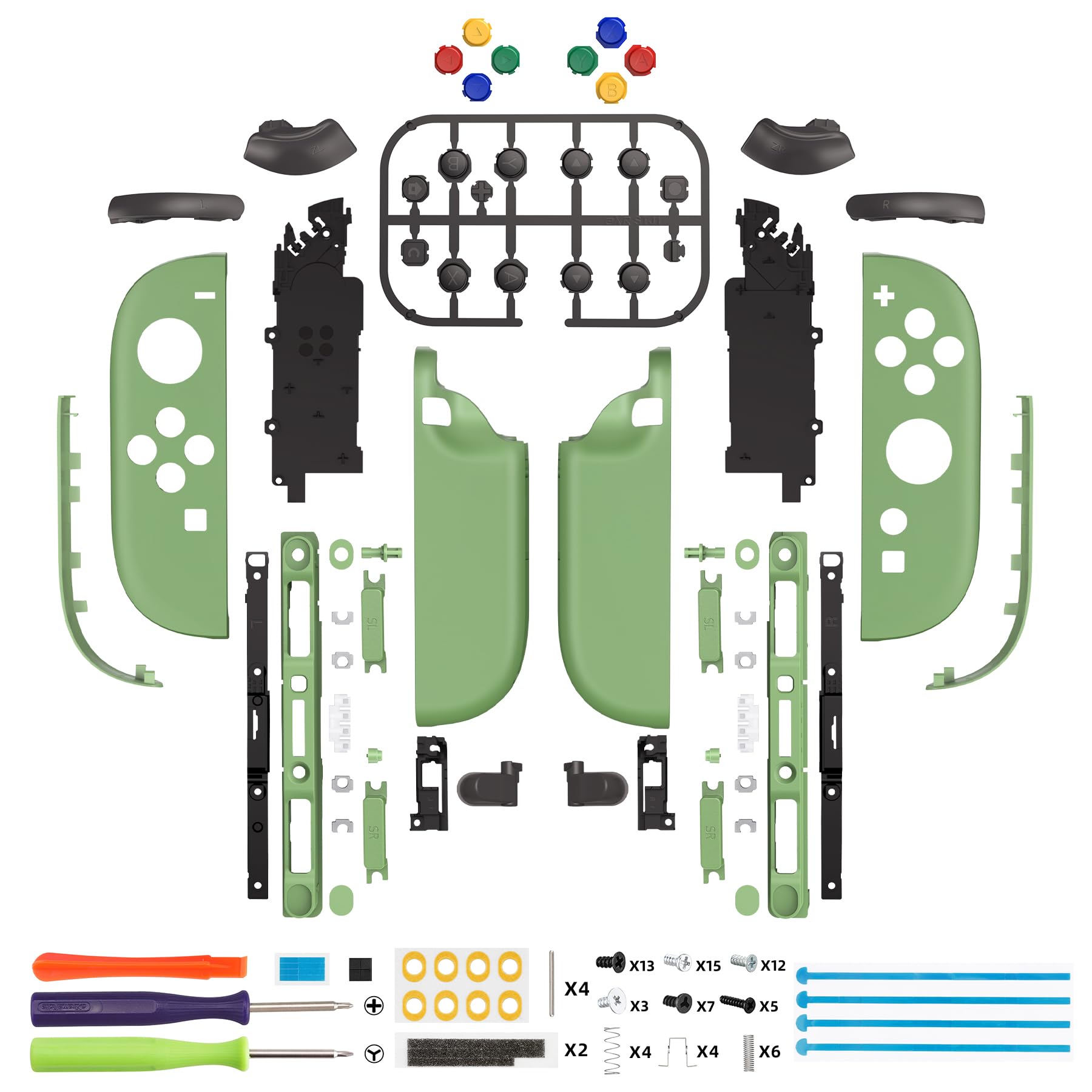 eXtremeRate Ersatz Full Shell & Tasten Set für Switch 2 Joycons, Deluxe Version DIY- Front Gehäuse/Back Case/Griff Deko-Streifen/Mittel Rahme/Knöpfe Zubehör für Nintendo Switch 2 Joy Con-Matcha Grün