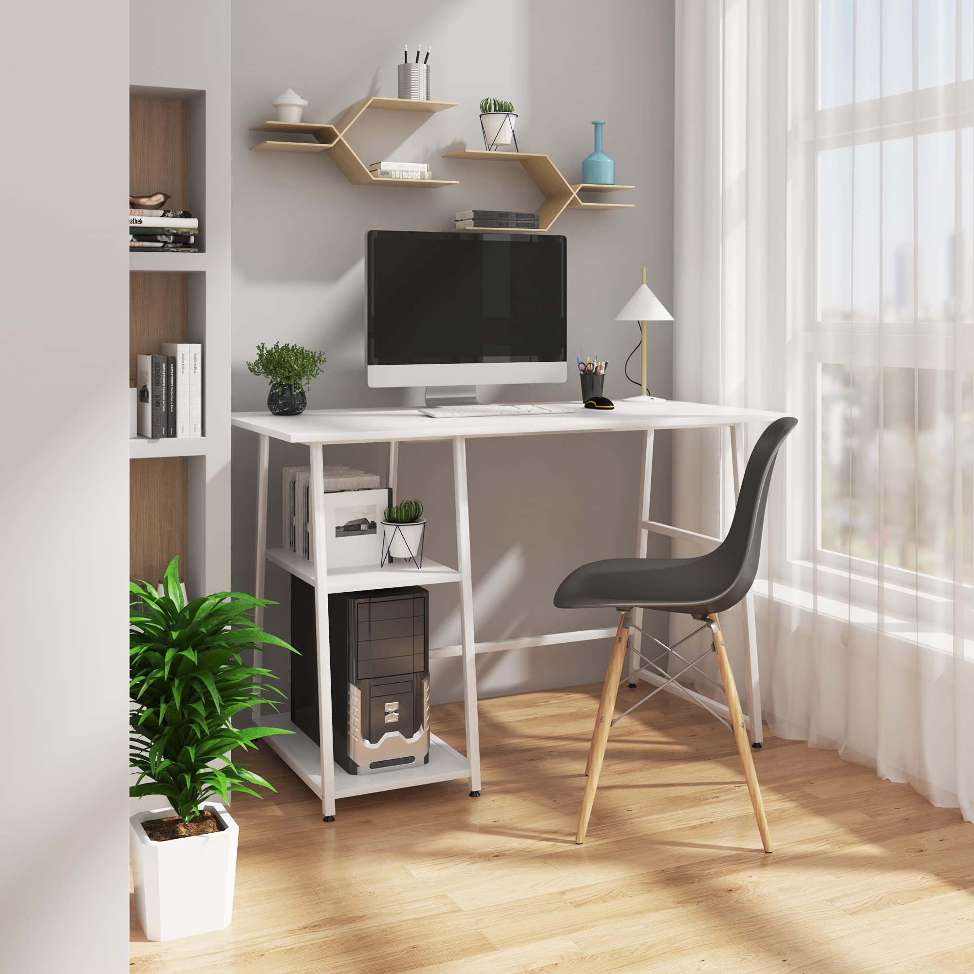 WOLTU Schreibtisch Weiß mit 2 Reversible Ablagen, Computertisch mit 2 Regal, 120x60cm, Bürotisch Arbeitstisch PC Laptop Tisch, fürs Büro, Wohnzimmer, TSB33ws