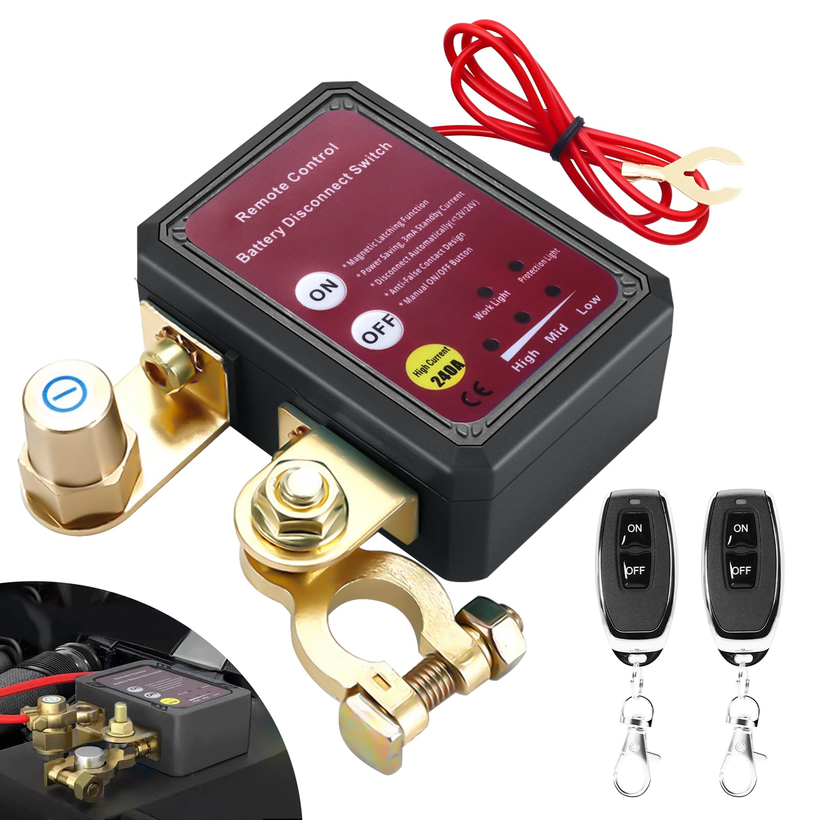 Disjoncteur de Batterie 2 Télécommandé Sans Fil, 12V 240A Coupe Circuit Voiture Interrupteur Batterie pour Voiture Bateau RV ATV Camion Alarme Voiture (Noir)