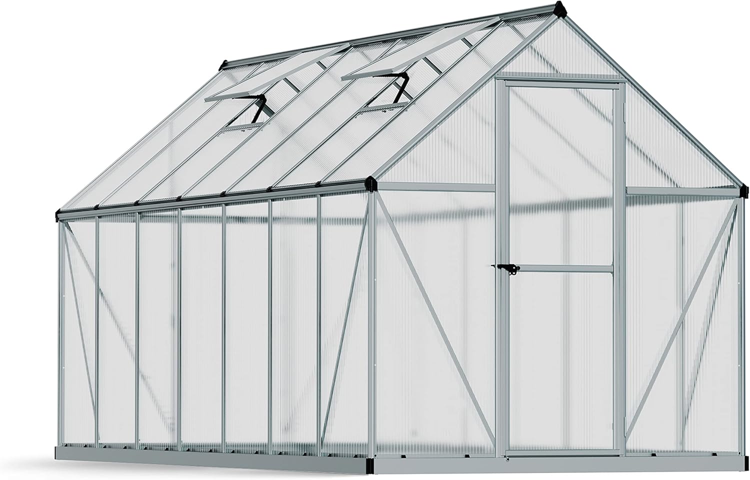 Palram - Canopia 6x14 Greenhouse Kit, Hobby Walk-In Twin-Wall UV Polycarbonate Heavy Duty Aluminum Frame, Lockable Door, Adjustable Roof Vent, Rain Gutters, Galvanized Steel Base, Mythos (Gray)