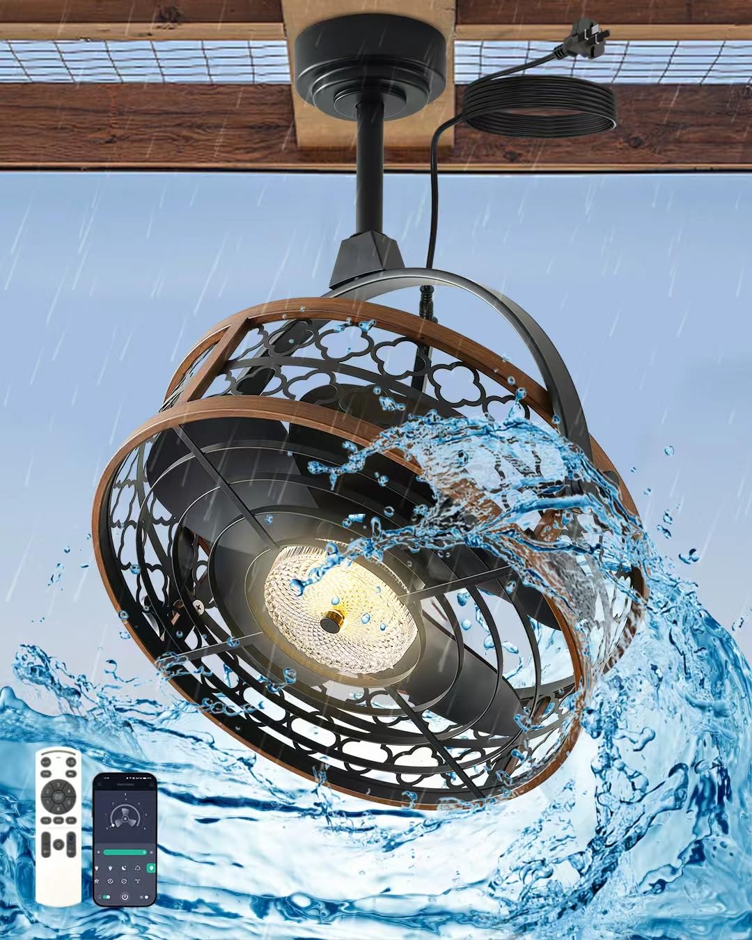 FKZNPJ Outdoor Ceiling Fan with Light, IP55 Rated Waterproof Ceiling Fan with Tilting Head & Plug