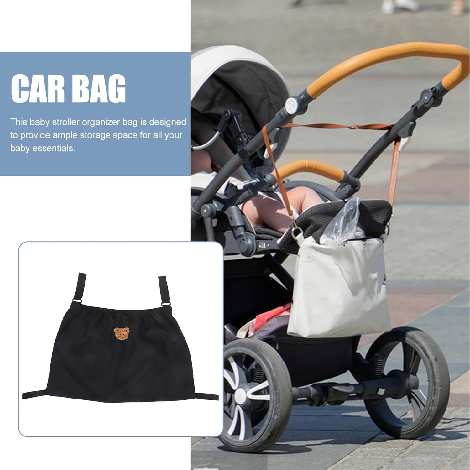 Mikinona Stroller Hanging Storage Bag Organizer for Diapers and Bottles, Black Nylon Pushchair Travel Carry Bag with Bear Pattern, Large Capacity Stroller Organizer for Outings