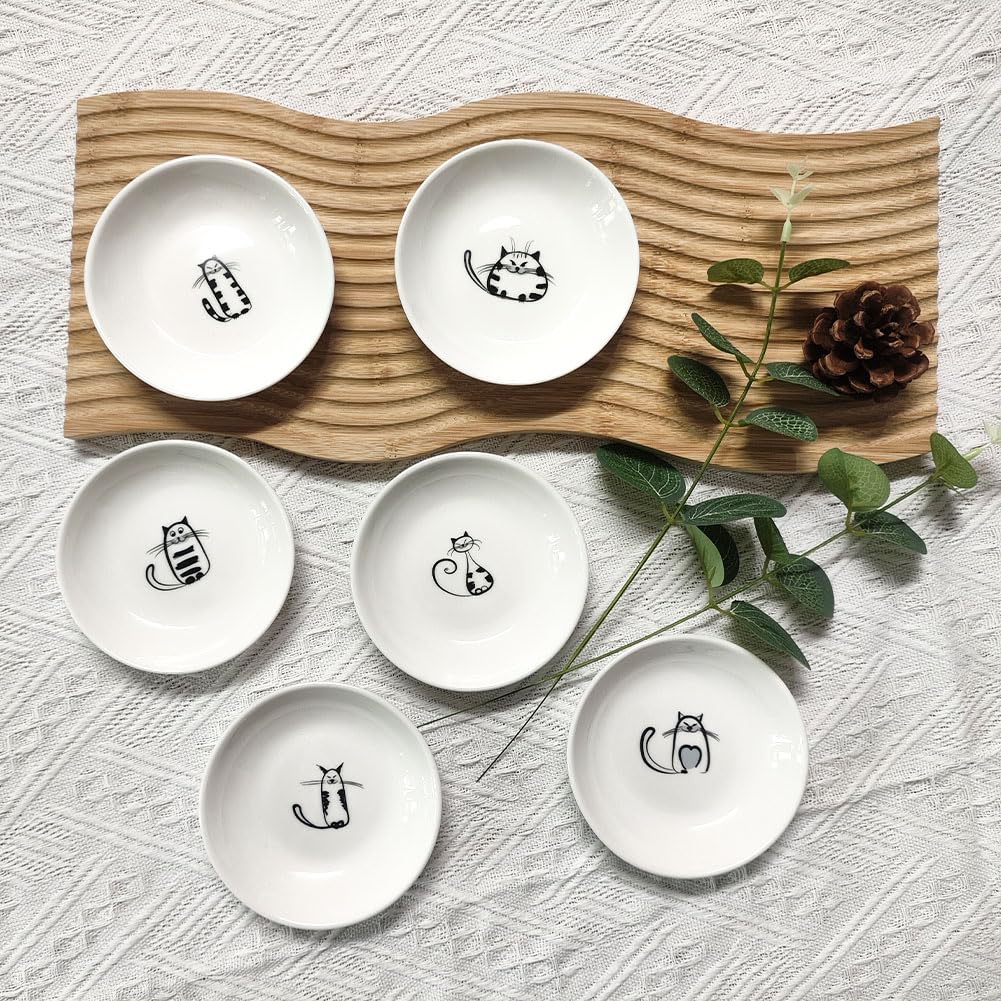 Cute Cat Ceramic Sauce Dish Kitten Plates,4 Inches Cats Bowls,Appetizer Dessert Sushi Sauce Dishes,Small Bowls for Seasoning Dish, Serving Dish for Kitchen,Small Plate Set of 6
