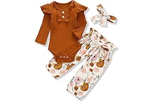 Newborn Baby Girls Clothes-Ribbed Ruffled Romper Floral Pant and Headband Set