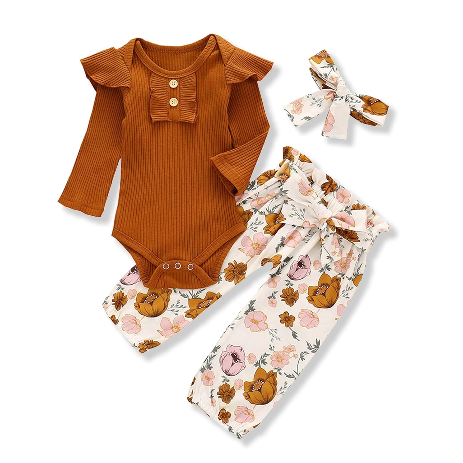 Kislio Newborn Baby Girls Clothes Ribbed Ruffled Romper Floral Pants Headband Infant Outfit Set