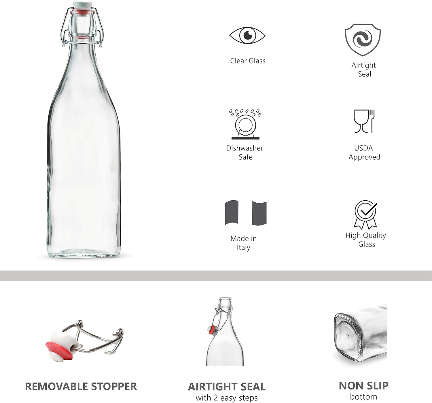 Clear SQUARE Swing Top Glass Bottles With Lids - 33.75 Oz - Airtight Flip Top Glass Water Bottles Great For Oil And Vinegar, Beverages, Juices, Smoothies - (2 Pack) (Not For Carbonated Beverages) - Image 4