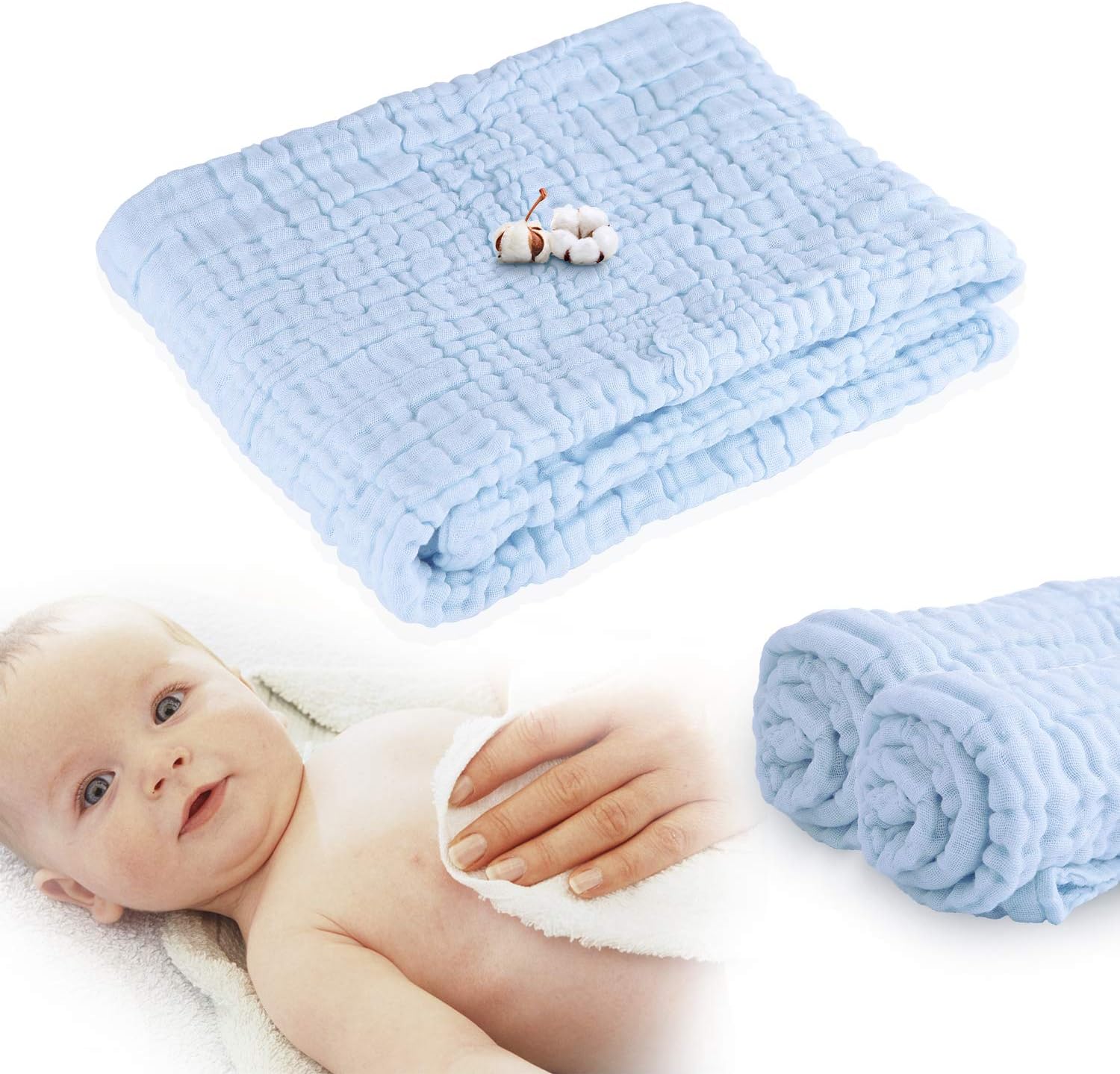 Muslin Baby Towels(41.5ร41.5 inches) - Super Water Absorbent for Baby Bath Towels - Soft Newborn Baby Blankets, Suitable for Baby's Delicate Skin - Blue