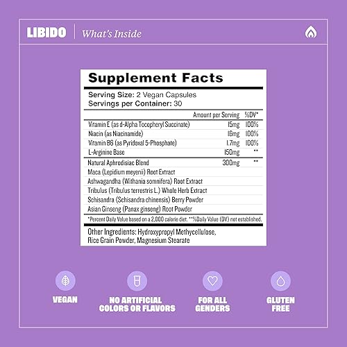 Miniatura 4 de Health by Habit Libido Blend 2 unidades (60 cápsulas), mezcla afrodisíaca natural con maca, ashwagandha, vegano, sin OMG, sin azúcar, blanco