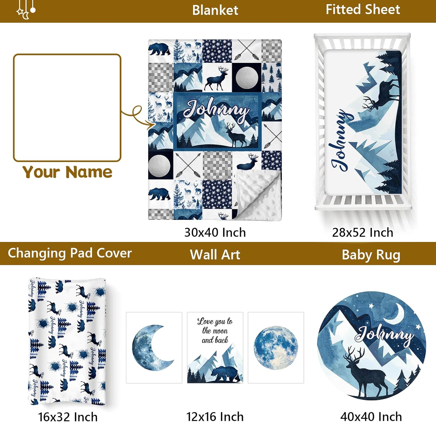 Personalized Baby Crib Bedding - 5 Pcs Custom Name Bedding Sets for Girls & Boys - Soft Toddler Crib Sets for Infant Customized Gifts, Blue Moon & Bear