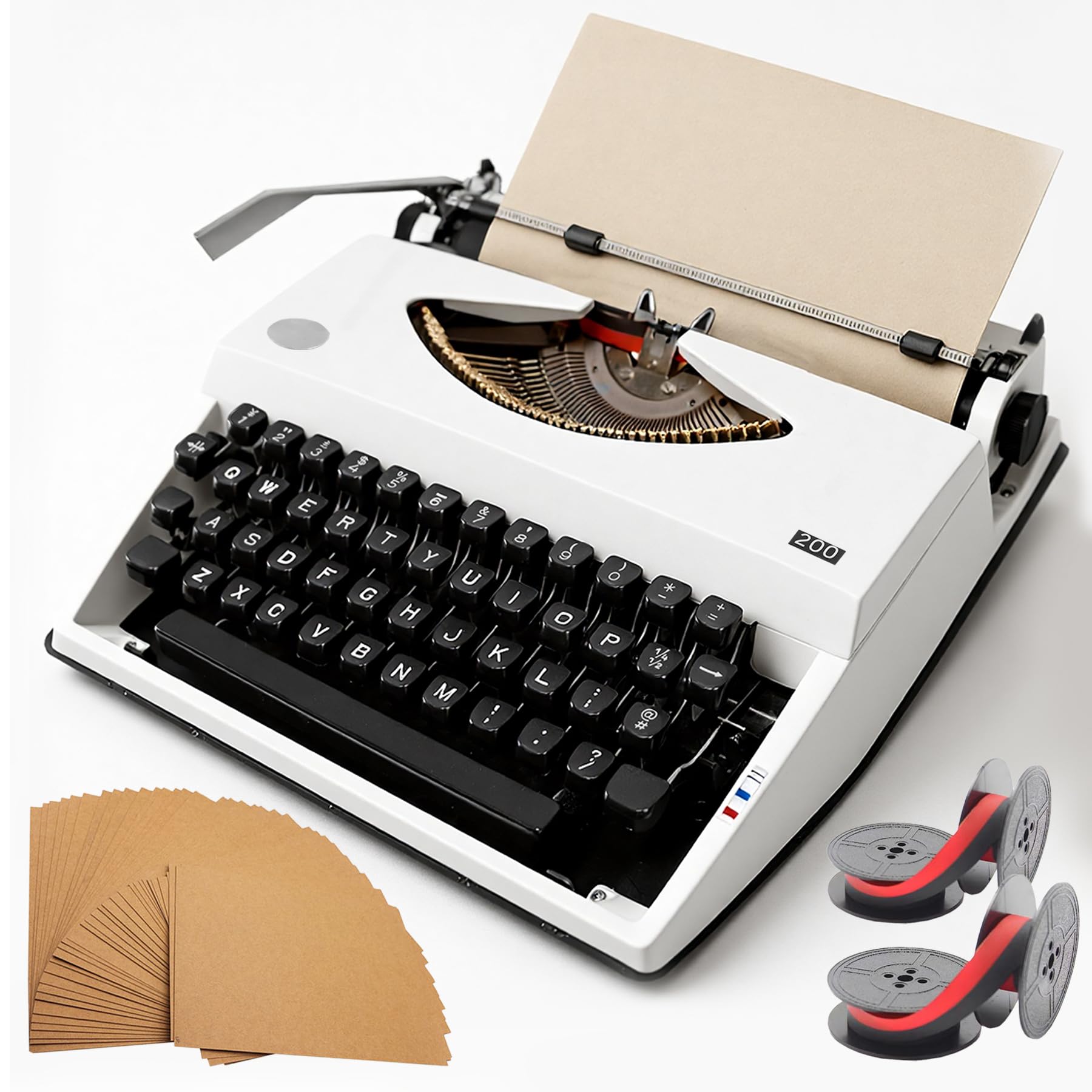Photo 1 of White Retro-Style Manual Typewriter, Mechanical Keys Typing Machine with Carrying Case, Includes 2 Ink Ribbons and 100 Kraft Paper Sheets, Collectible Desk Decor
