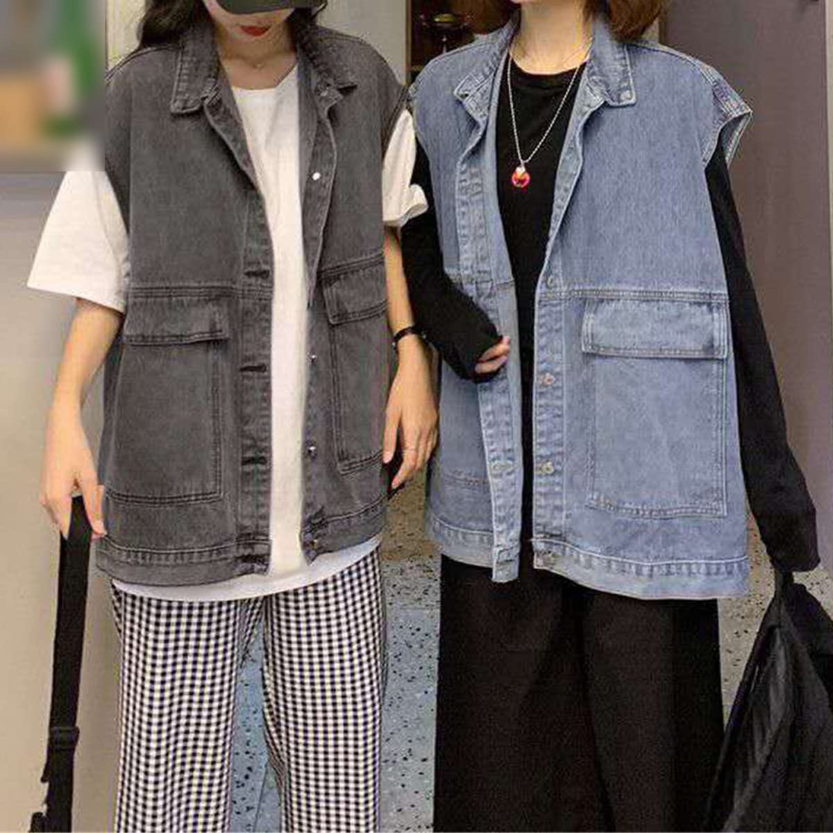 Canotta in denim blu da donna vintage grande tasca nero denim canotta senza maniche cardigan giacca, Blu, XL