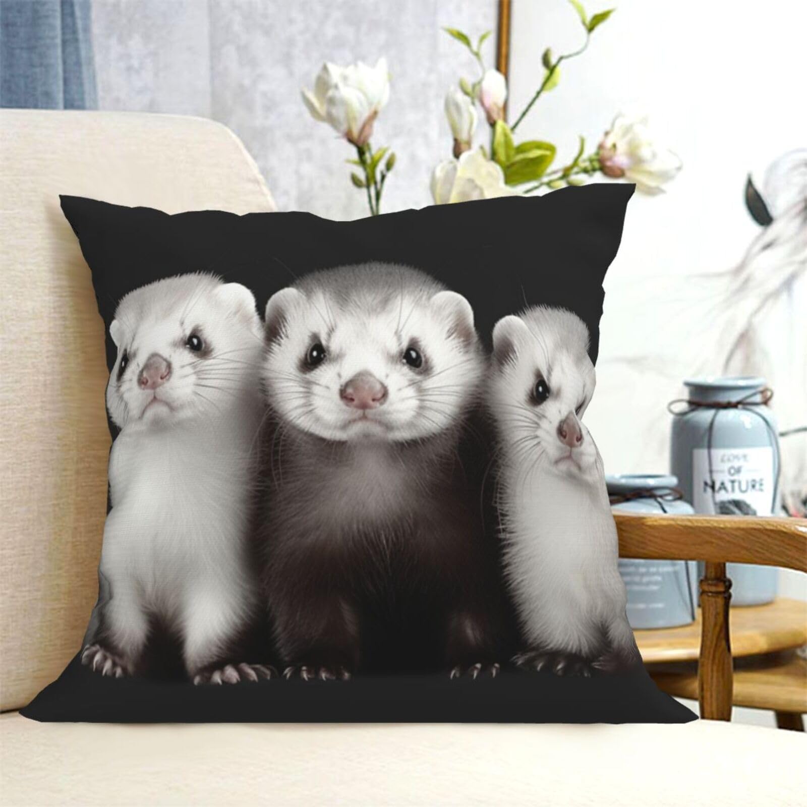 Fodpand Black Decorative Throw Pillow Covers 20"X20" Ferrets Cushion Cases Square Modern Farmhouse Pillow Cases Soft Cozy Cushion Covers For Couch Sofa Bedroom Home Decor Pillowcase