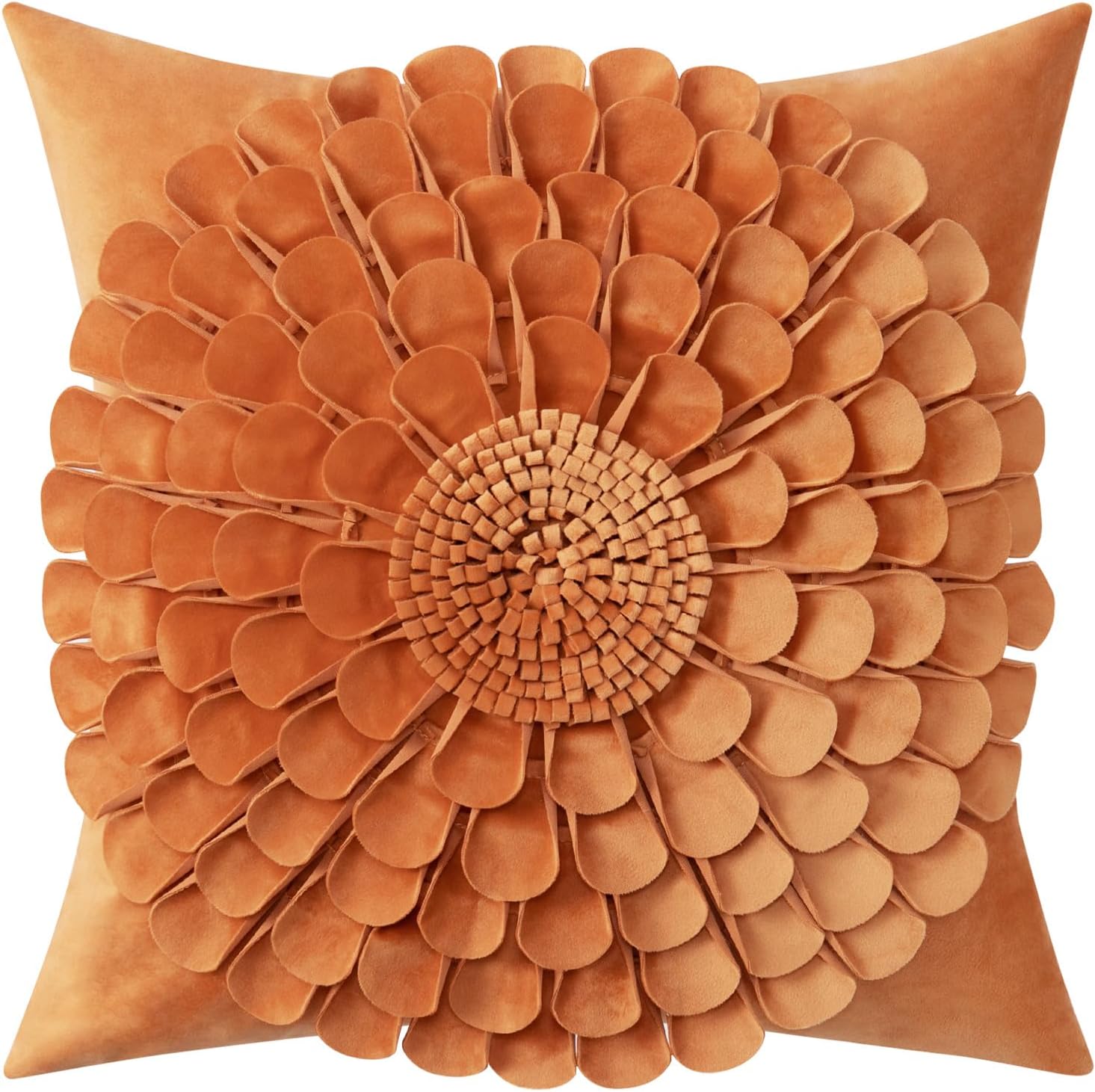 VOGOL Velvet Patchwork Throw Pillow Cover, 3D Design Sunflower Petal Square Pillowcase for Bench Floor, Invisible Zipper Accent Cushion Case for Nursery, Orange, 18 Inch, 1 Piece Orange 18" x 18" (Pack of 1)