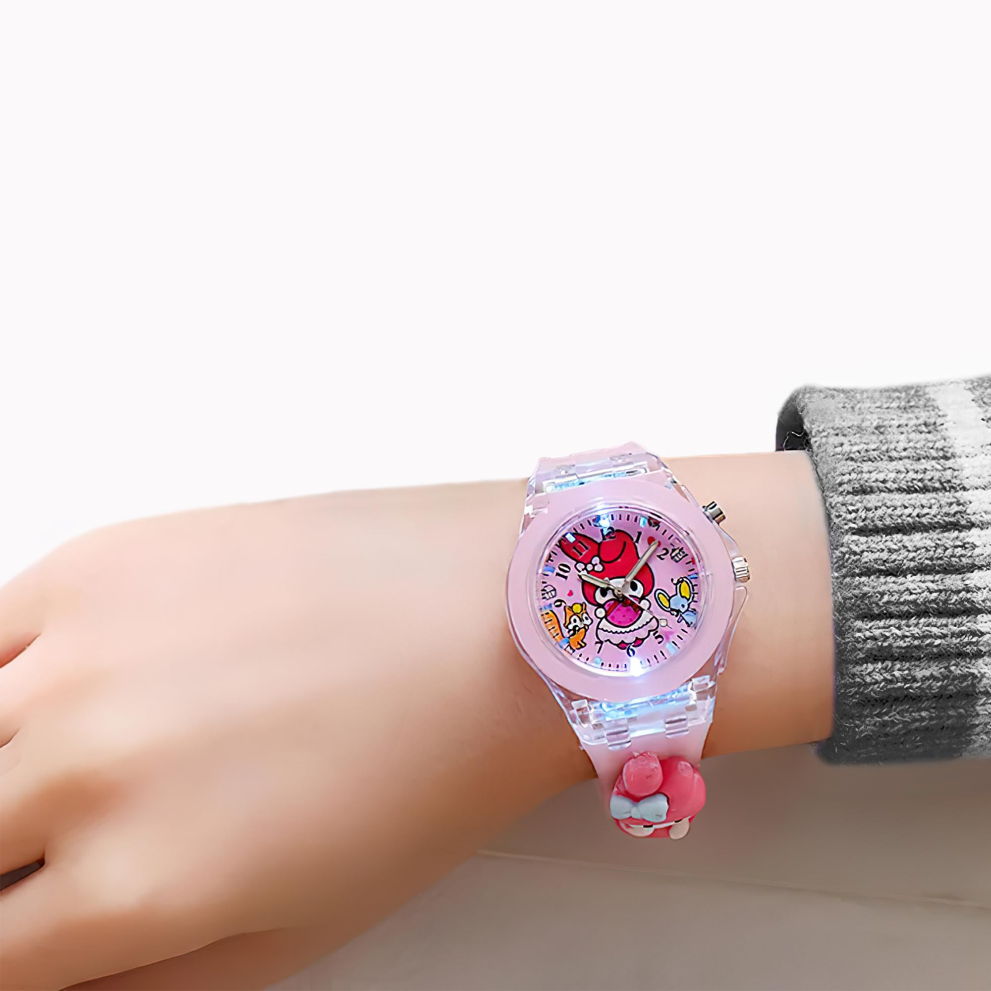 Montre à quartz analogique pour fille - Bracelet en silicone coloré - Cadeau pour filles de 3 à 10 ans - Scintillante - 3D - Lumière LED clignotante - My Melody - Rose - Emballée dans une