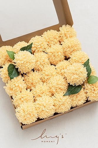 Miniatura 3 de Ling's Moment Flores artificiales de dalia de 2.5 pulgadas, 25 piezas de flores amarillas cremosas para decoración de boda, centros de mesa, ramos,