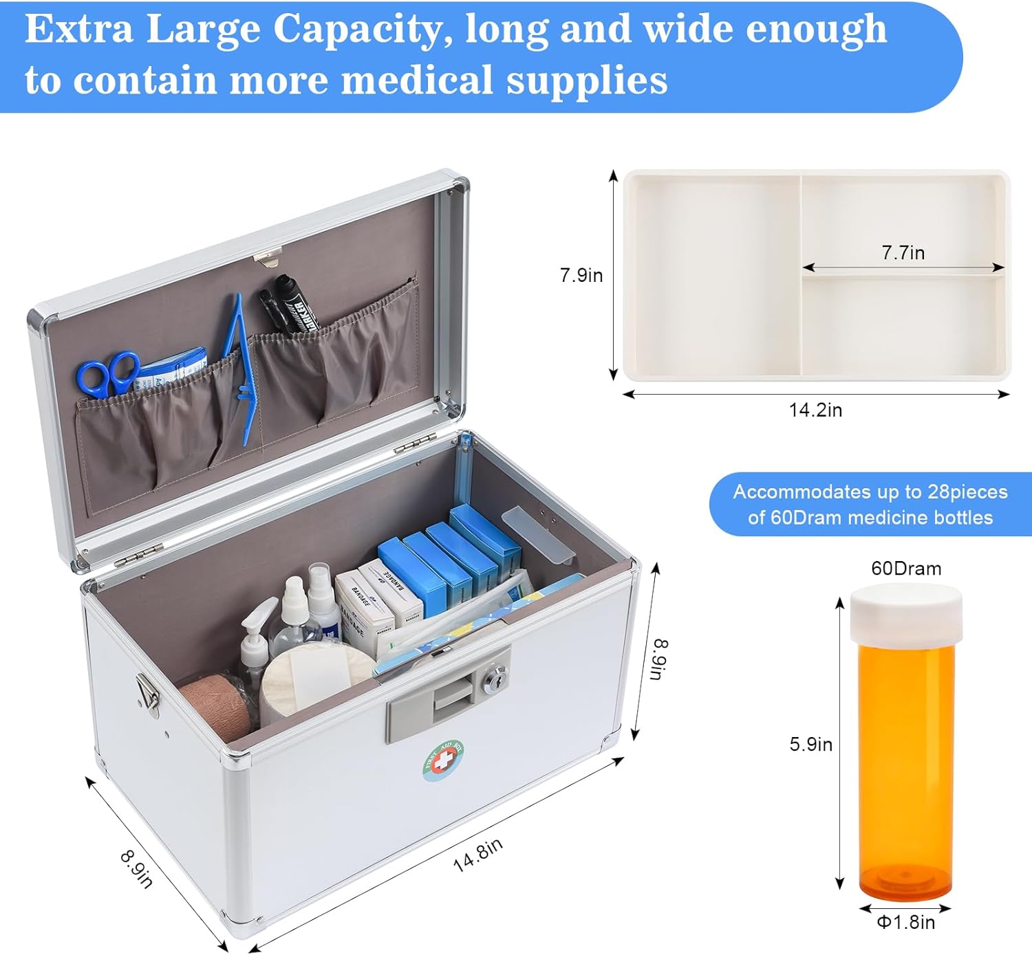 KYODOLED X-Large Medicine Lock Box, Locked Medicine Box with Key, Children Safe Medication Storage, 14.8 x 8.9 x 8.9 Inch, White