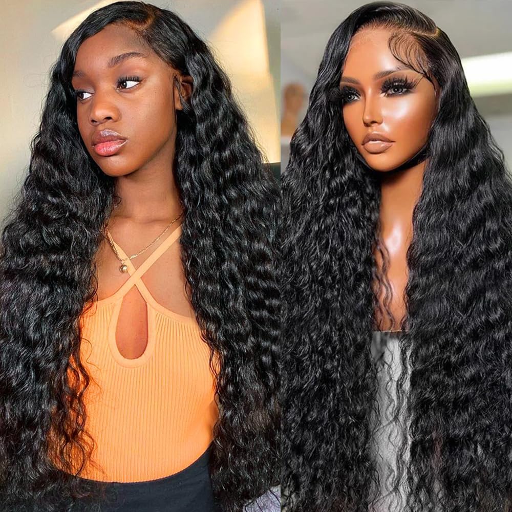 13x4 Deep Wave Lace Front Wigs 180% Density Glueless HD Transparent Lace Frontal Wigs for Black Women Natural Color (28 inch)