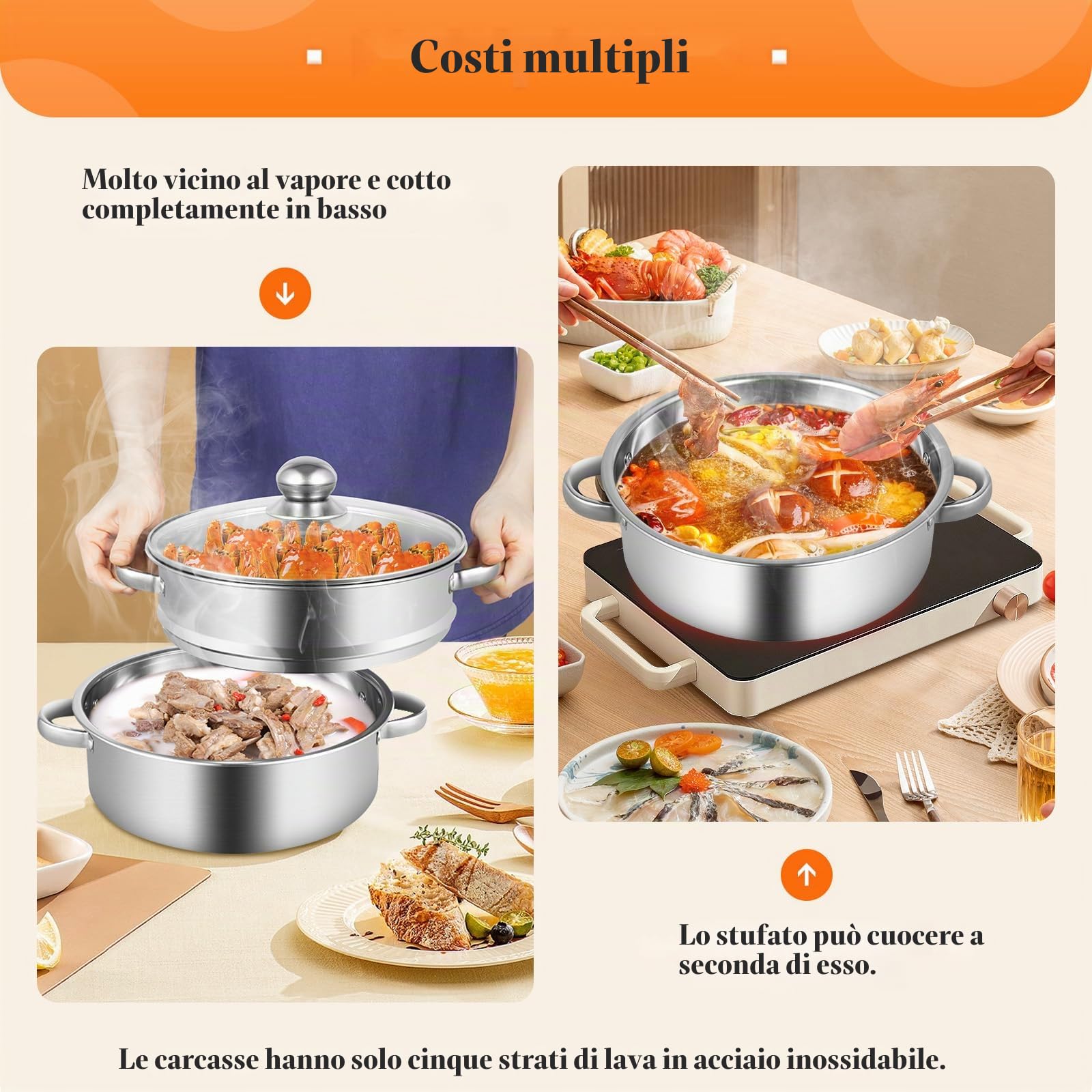 Cuocere a vapore a 5 strati, multifunzione, in acciaio inox, con coperchio in vetro, 26 cm, in acciaio inox, per tutti i piani cottura, come ad induzione, elettroceramica, elettrico