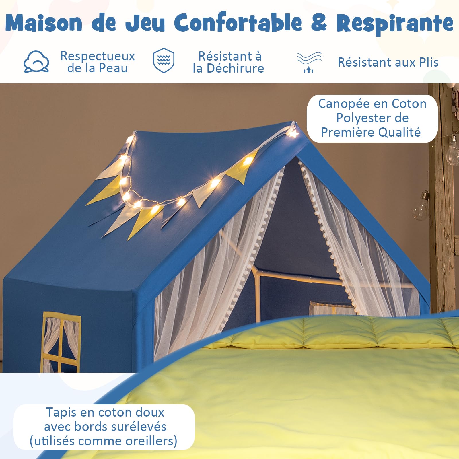 DREAMADE Tente de Jeu Enfants 3+Ans avec Lumières Étoiles&Tapis en Coton,Cabane Garçons Filles Intérieur 122x105x125CM avec Drapeau&Rideau en Gaze&Poche Latérale (Bleu)