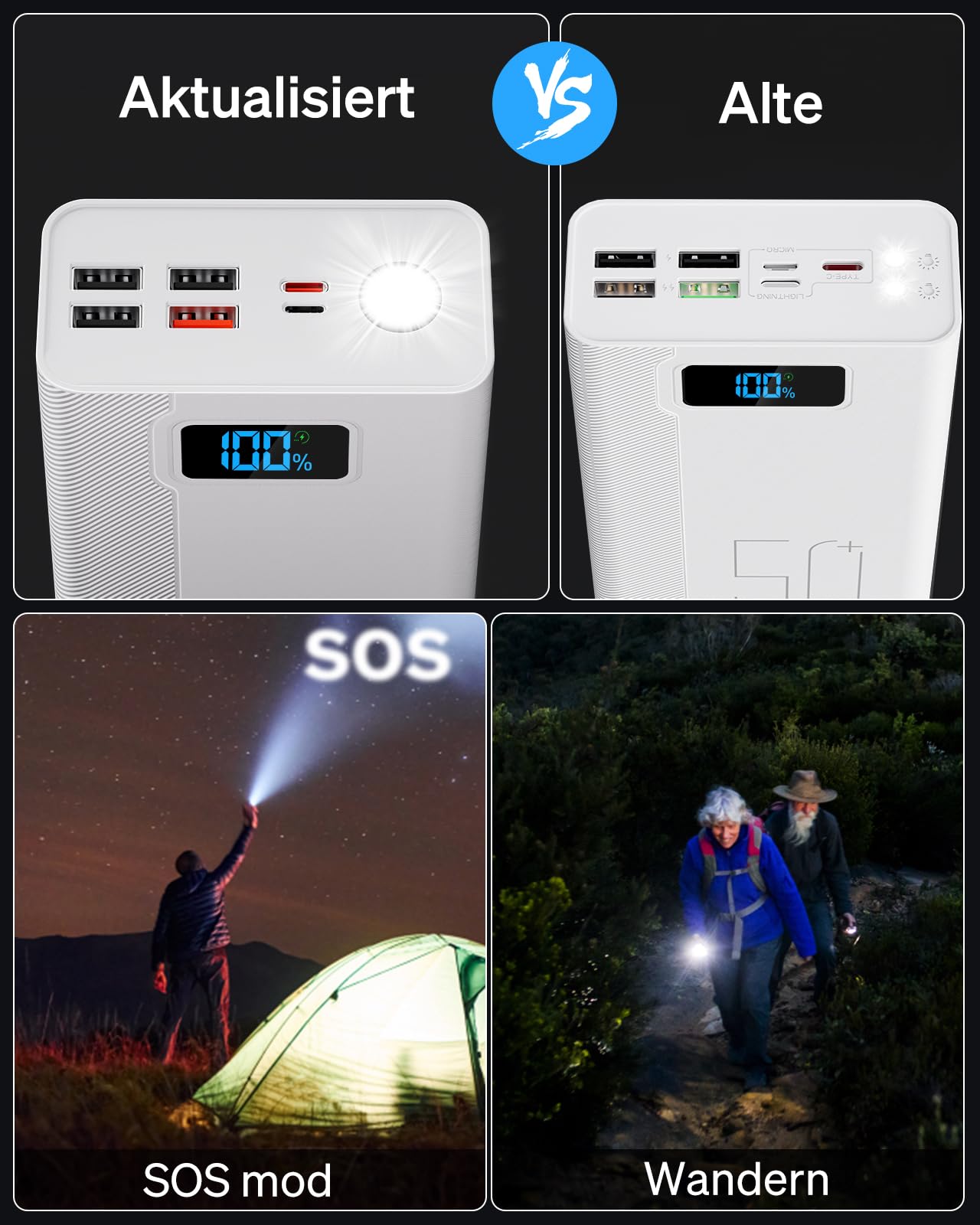 50000mAh Power Bank：Externer Akku mit großer Kapazität, 22,5W Schnellladung sowie 5 Ausgängen und 3 Eingängen MP3 Player to