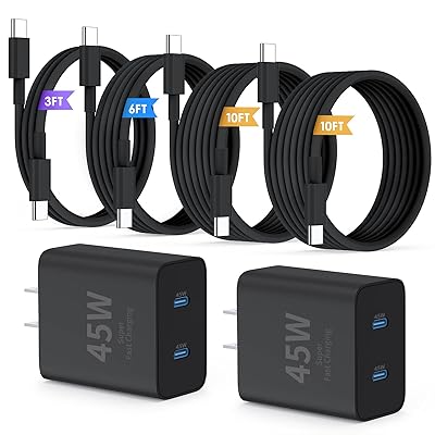 Super Fast Samsung Charger Type C,45W Dual Port USB C Fast Charger Block [2-Pack] & Extra Long 60W 3/6/10/10FT USB C Cable - PD Quick Charging 3.0 For Samsung Galaxy S25 Ultra/S24+/S23 iPhone 16