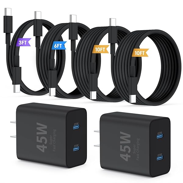 Super Fast Samsung Charger Type C,45W Dual Port USB C Fast Charger Block [2-Pack] & Extra Long 60W 3/6/10/10FT USB C Cable - PD Quick Charging 3.0 For Samsung Galaxy S25 Ultra/S24+/S23 iPhone 16