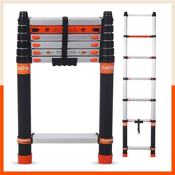 Bathla 6.5ft Aluminium Telescopic Ladder | 2-Year Manufacturer Warranty | Portable & Compact | Made in India (7 Steps - 2m) - Foldable Multipurpose Step Ladder for Home & Outdoor use