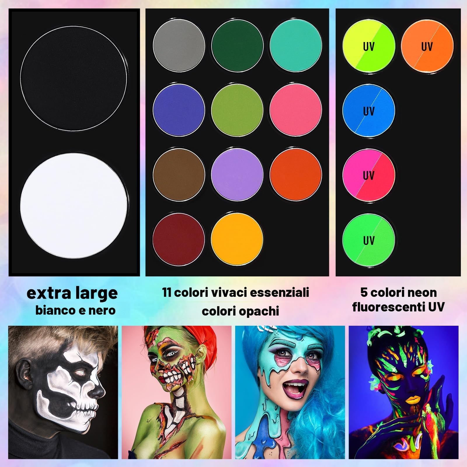 UCANBE Halloween Pittura per Viso 18 Colori con Grande Bianco, Nero, UV Face Painting, Body Painting Colori per Trucco Attivato ad Acqua, Colori per Pancia Gravidanza Sicuro
