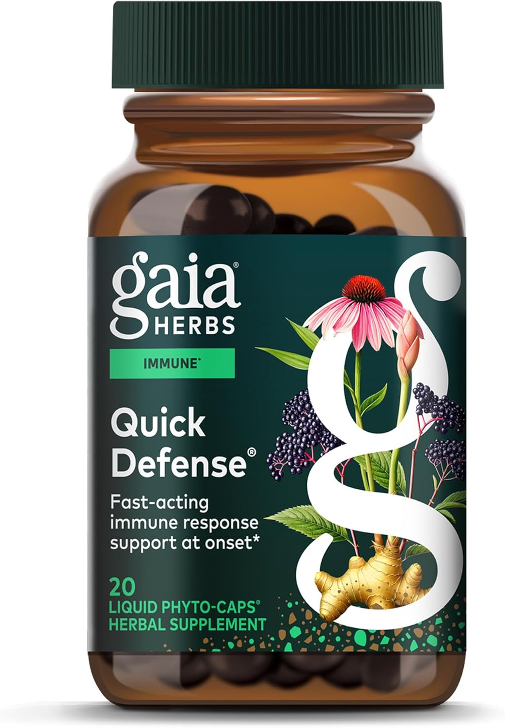 Gaia Herbs Quick Defense - Fast-Acting Immune Support Supplement* - Echinacea, Black Elderberry, Ginger & Andrographis - 20 Vegan Liquid Phyto-Caps (10 Servings)