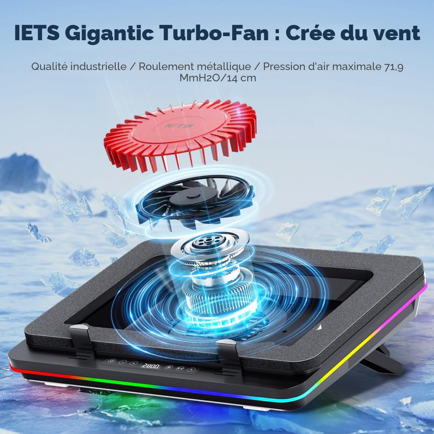 IETS GT600 Tapis de refroidissement RVB pour ordinateur portable avec ventilateur turbo géant (14 cm de diamètre), mousse scellée pour un refroidissement rapide, refroidisseur d'ordinateur portable de