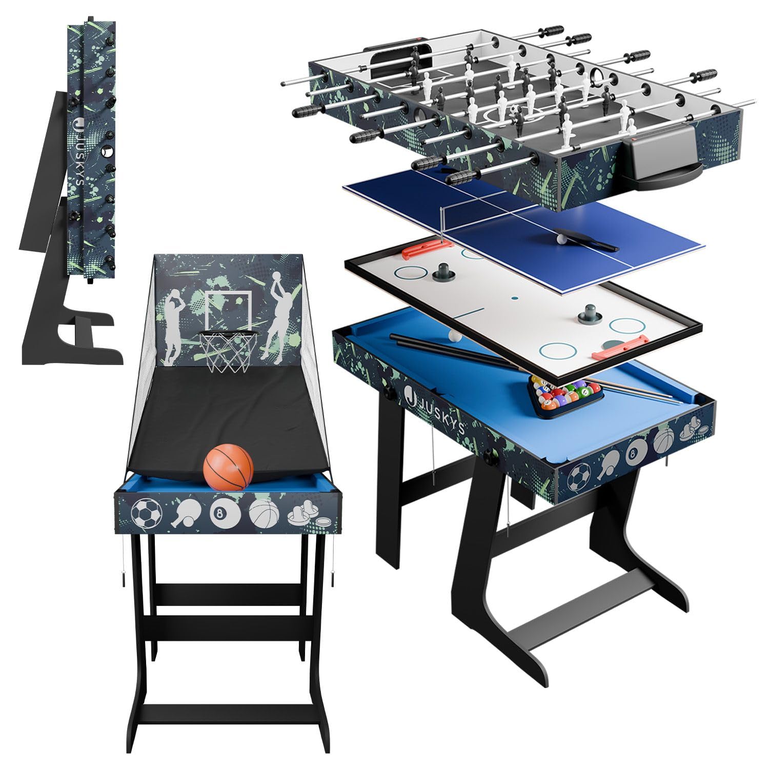 Juskys Ballzauber - Mesa plegable para niños con 5 mesas: ping-Pong, Baby-Foot, Billar, Hockey & Basket