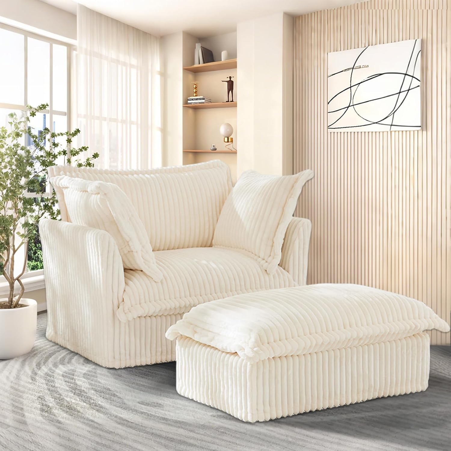 49''W Corduroy Chaise Lounge Chair Indoor, Oversized Upholstered Sleeper Sofa with Movable Ottoman and 2 Pillows, Removable Sofa Cover for Living Room, Home Theater, Apartment(Beige)