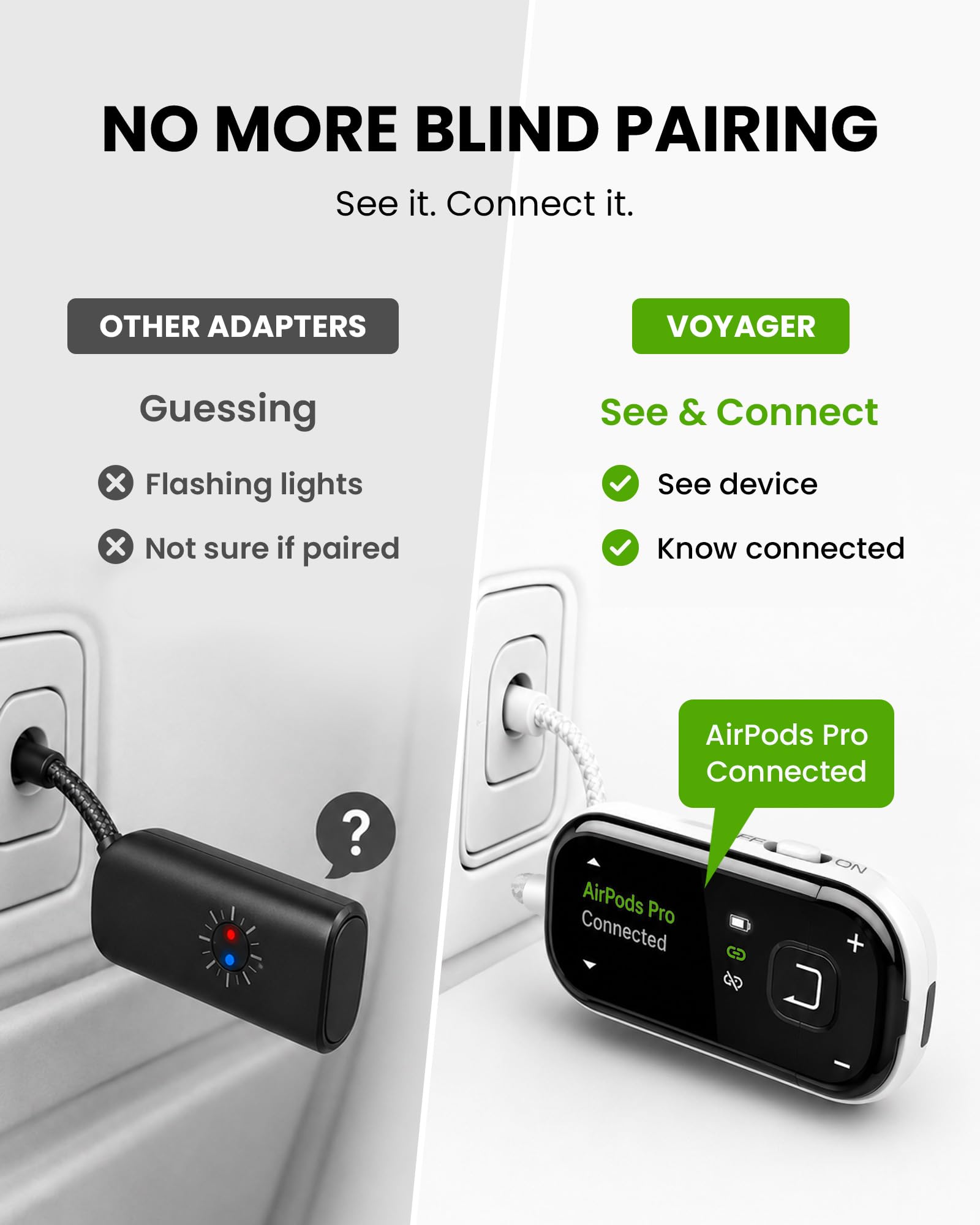 Avantree Voyager – Bluetooth 5.4 Adapter fürs Flugzeug mit Auracast & OLED Display, Qualcomm Chip, aptX Adaptive – Kabelloser Audio-Transmitter mit Klinke für Kopfhörer & AirPods auf Reisen