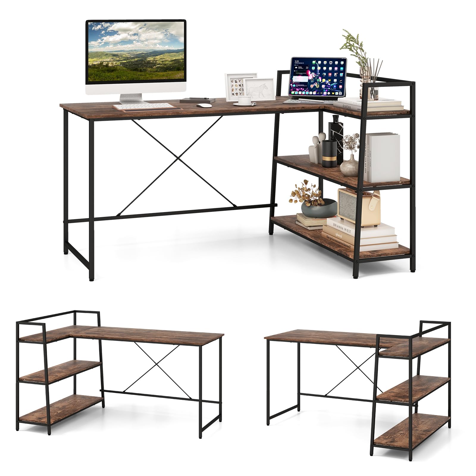COSTWAY L-Shaped Computer Desk, Large Reversible Corner Desks with Open Storage Shelves, Space-Saving Writing Study Table PC Laptop Gaming Desk, Modern Simple Workstation (Black + Rustic Brown)