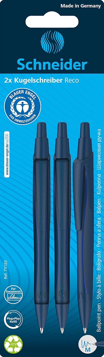Schneider Reco Recycled Plastic Ballpoint Pen Blue Ink - Pack of 2